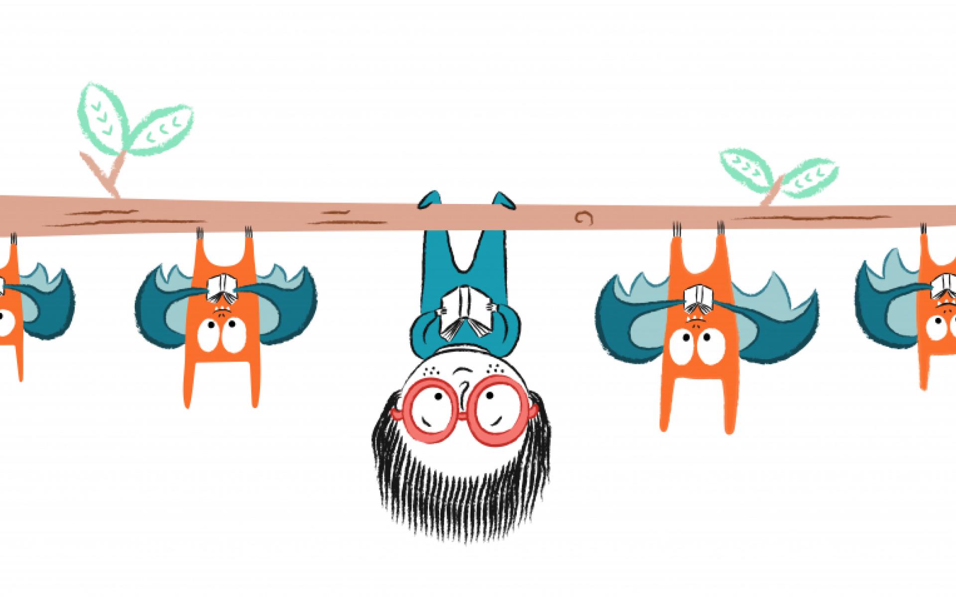 Little girl reading upside down with bats-Grafik