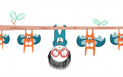 Little girl reading upside down with bats-Grafik