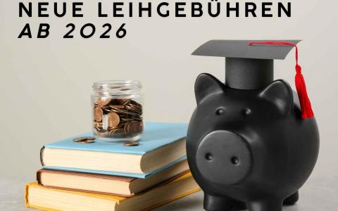 Neue Leihgebühr ab 2026, Bild mit Buch, Münzen